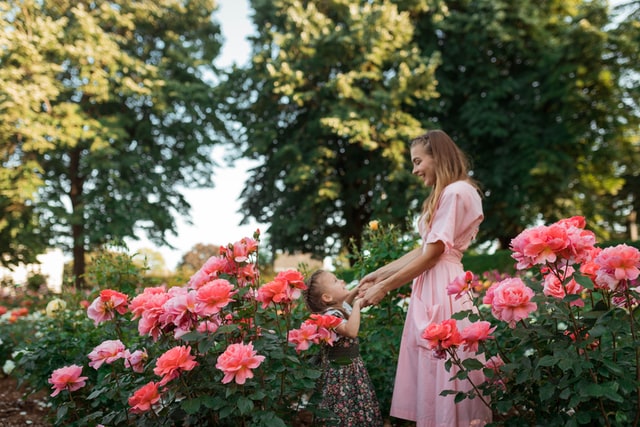 mama i córka w ogrodzie, różowe kwiaty, dzień matki